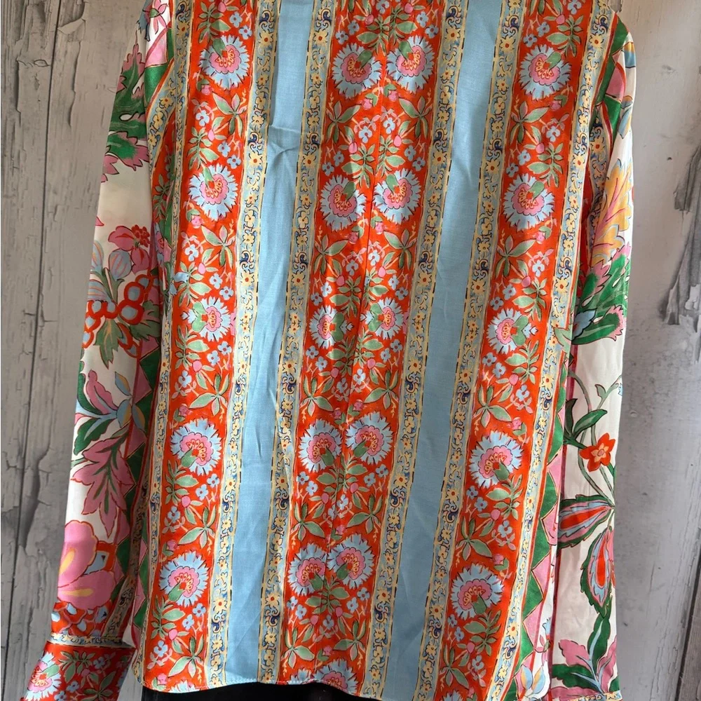 Misa Los Angeles White Floral Button-Up Blouse with Pink, Green & Orange Print - Picture 2 of 6